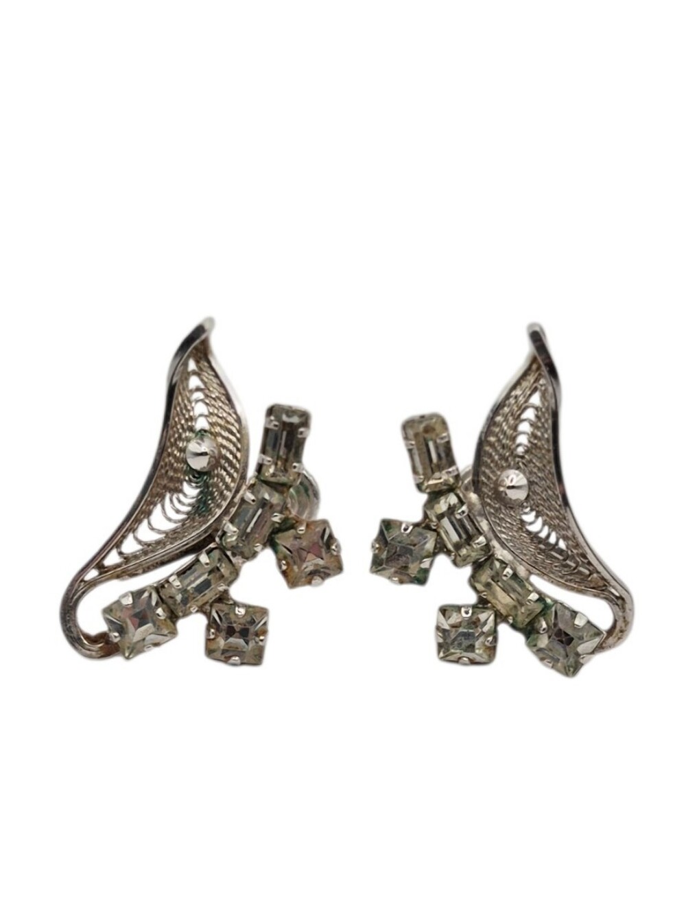 Vintage Jay Flex Sterling Screw Back Earrings Rhinestones